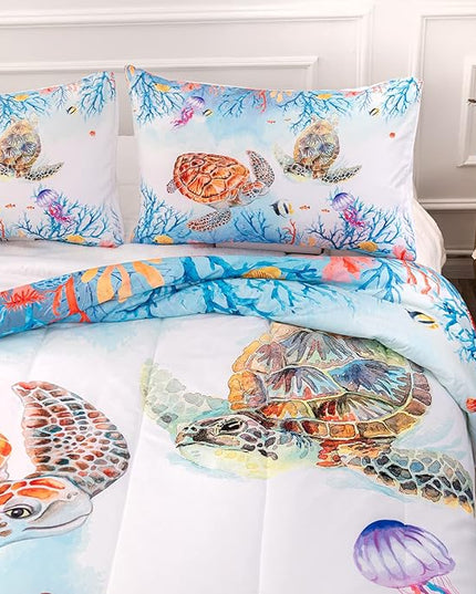 CVHOUSE Sea Turtle Comforter Set,Ocean Watercolor Sea Turtle Bedding Set for Kids Teens,Ocean Sea Turtle Comforter Sea Turtle Duvet Set Room Decor Quilt Set Full Size - LeafyLoom