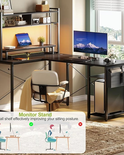 Small L Shaped Desk Gaming Desk with Power Outlets, 48" Reversible L Shaped LED Computer Desk with Monitor Stand & Storage Shelf, Corner Gamer Desk Home Office Desk with Storage Bag, Black - LeafyLoom