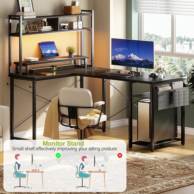 Small L Shaped Desk Gaming Desk with Power Outlets, 48" Reversible L Shaped LED Computer Desk with Monitor Stand & Storage Shelf, Corner Gamer Desk Home Office Desk with Storage Bag, Black - LeafyLoom