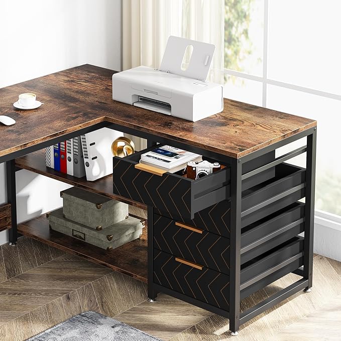 59-Inch L Shaped Desk with Drawers, Large Computer Desk with Storage Shelves, Reversible L-Shaped Corner Desk Workstation for Home Office - LeafyLoom