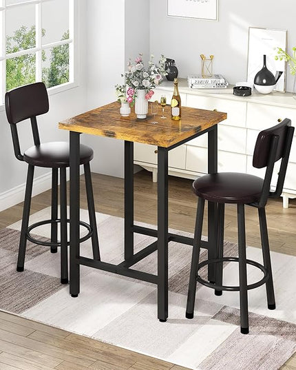 Recaceik 3 Piece Pub Dining Set, Modern bar Table and Stools for 2 Kitchen Counter Height Wood Top Bistro Easy Assemble for Breakfast Nook Living Room Small Space Restaurant, Rustic Brown 24” - LeafyLoom