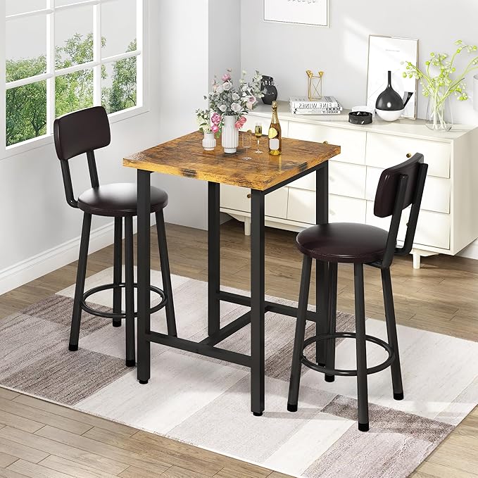 Recaceik 3 Piece Pub Dining Set, Modern bar Table and Stools for 2 Kitchen Counter Height Wood Top Bistro Easy Assemble for Breakfast Nook Living Room Small Space Restaurant, Rustic Brown 24” - LeafyLoom