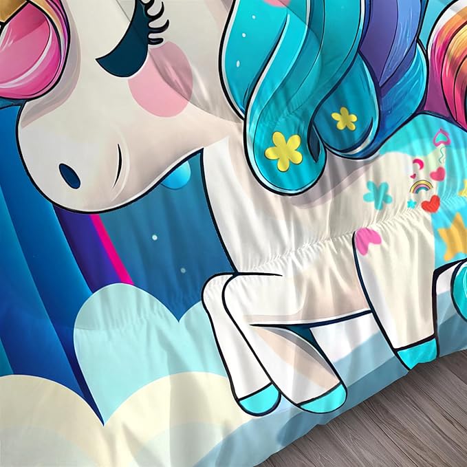 Rainbow Unicorn Bedding Sets Queen Size Comforter Set for Girls Kids Children Teens Boys Cartoon Unicorn Colorful Starry Blue Glitter Quilt 1 Comforter + 2 Pillow Cases - LeafyLoom