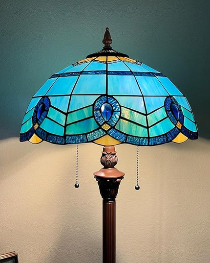 Capulina Tiffany Floor Lamp 2-Light 16X16X63 Inches Blue Sky Style Stained Glass Standing Reading Light for Living Room Bedroom Home Office - LeafyLoom