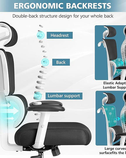 Primy Office Chair Ergonomic Desk Chair, High Back Computer Gaming Chair, Comfy Big and Tall Home Office Chair with Lumbar Support, Breathable Mesh Reclining Chair Adjustable Armrests Headrest(White) - LeafyLoom