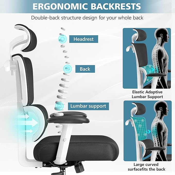Primy Office Chair Ergonomic Desk Chair, High Back Computer Gaming Chair, Comfy Big and Tall Home Office Chair with Lumbar Support, Breathable Mesh Reclining Chair Adjustable Armrests Headrest(White) - LeafyLoom