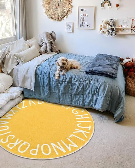 Topotdor Round Kids Play Rug Alphabet Nursery Area Rug Extra Large Soft Crawling Play Mat for Children Toddlers Bedroom (47 inch, Yellow) - LeafyLoom