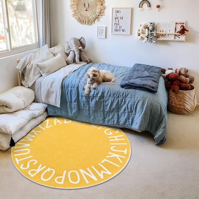 Topotdor Round Kids Play Rug Alphabet Nursery Area Rug Extra Large Soft Crawling Play Mat for Children Toddlers Bedroom (47 inch, Yellow) - LeafyLoom