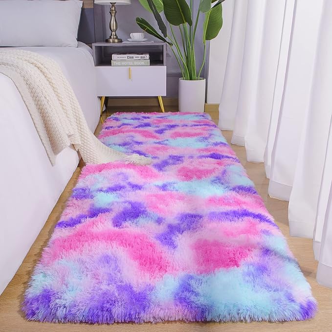 AROGAN Soft Rainbow Area Rugs for Girls Room 2x4 Feet, Fluffy Girls Bedroom Rugs, Princess Rug, Cute Colorful Carpet for Kids Teens Nursery Toddler (Hot Pink) - LeafyLoom