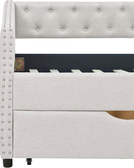 Twin Size Upholstered Daybed with Two Drawers,Button Tufted Sofa Bed with Nailhead Trim for Bedroom,Livingroom,Small Space,No Spring Box Need,Beige (81.5''x41''x30.5'') - LeafyLoom