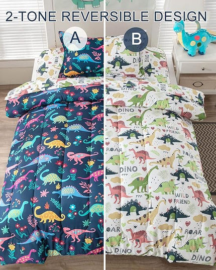 Dinosaur Twin Comforter Set for Boys Girls 4-Piece Dino Kids Bedding Sets Ultra Soft Cartoon Bedroom Set - Include Reversible Comforter, Flat Sheet, Fitted Sheet and Pillowcase, Blue - LeafyLoom