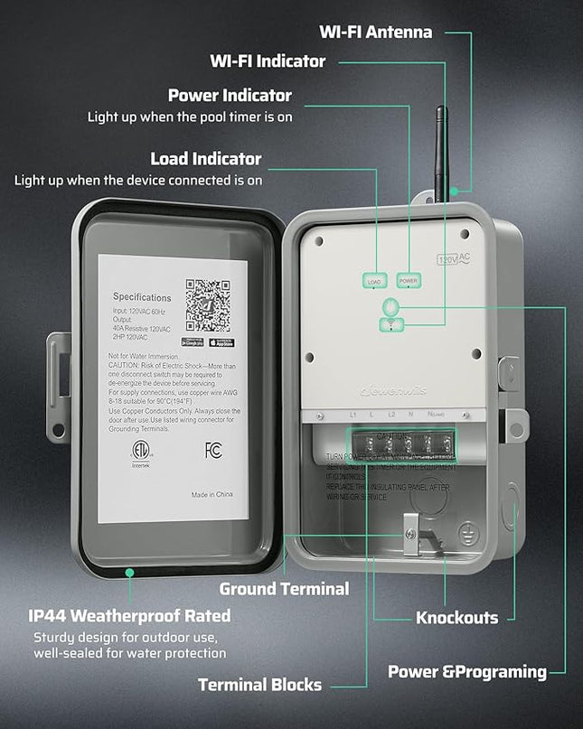 DEWENWILS Pool Pump Timer, Outdoor Smart WiFi Box, Heavy Duty 40A 120VAC 2HP Wireless Controller Timer for Pool, Water Heater, Compatible with Smart Phone, Alexa, Google Assistant, ETL Listed DEWENWILS