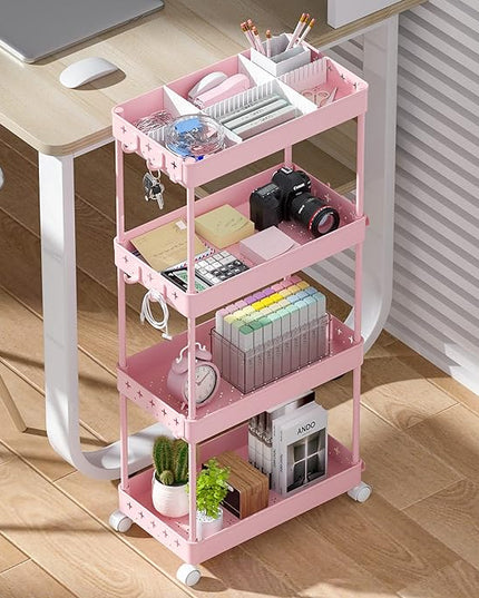 TOOLF 4 Tier Utility Cart with Wheels, Rolling Cart with Adjustable Divider & Hooks, Cart Organizer for Diaper Craft Snack, Narrow Storage Cart for Laundry Bedroom Bathroom Kitchen, Pink - LeafyLoom