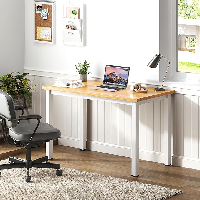 Need Small Desk, 31.5 inch Sturdy Writing Desk for Small Spaces, Small Computer Desk Teens Desk Study Table Laptop Desk Home Ofice Desk, White Metal Frame, Teak - LeafyLoom