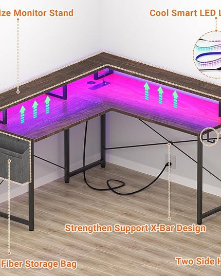 armocity L Shaped Computer Desk with Power Outlets, Gaming Desk L Shaped with LED Lights, Corner Desk with Storage Shelves, Work Study Desk for Bedroom, Home Office Small Spaces, 47'', Black - LeafyLoom