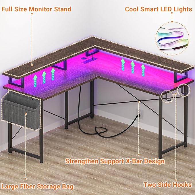 armocity L Shaped Computer Desk with Power Outlets, Gaming Desk L Shaped with LED Lights, Corner Desk with Storage Shelves, Work Study Desk for Bedroom, Home Office Small Spaces, 47'', Black - LeafyLoom