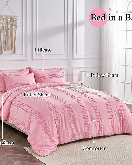 ENJOHOS Queen Comforter Set 7 Piece - Pink Comforters Queen Size, Queen Bed in a Bag Set, Boho Tufted Bedding Comforter Set with Pom Pom Design, Lightweight Soft Microfiber Comforter Bed Set - LeafyLoom