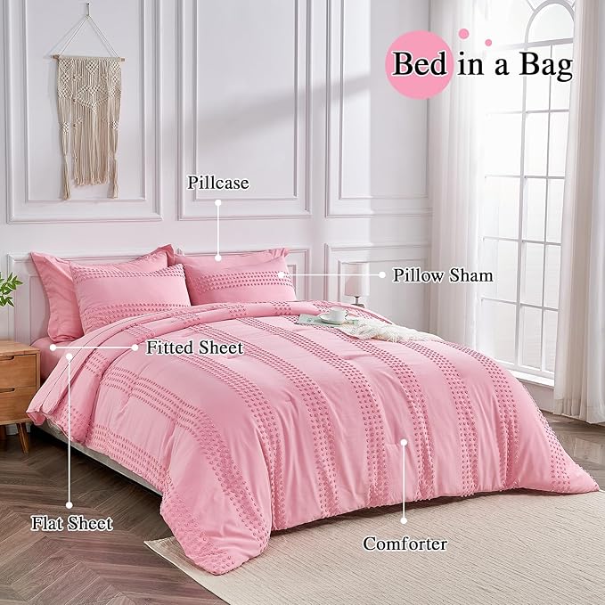 ENJOHOS Queen Comforter Set 7 Piece - Pink Comforters Queen Size, Queen Bed in a Bag Set, Boho Tufted Bedding Comforter Set with Pom Pom Design, Lightweight Soft Microfiber Comforter Bed Set - LeafyLoom