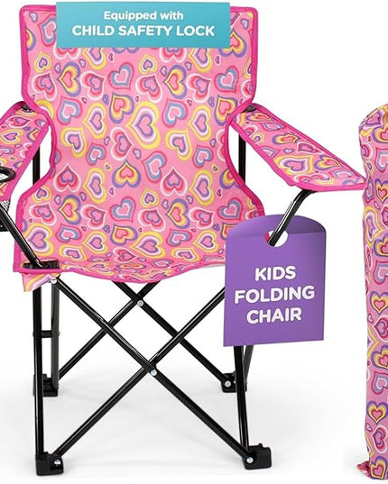 Emily Rose Kids Folding Chair | Beach Chair with Safety Lock- Camping Chair for Boyos Girls Toddler with Cup Holder & Carry Case- Tailgate, Travel, Lawn- for Indoor & Outdoor (Playful Hearts) - LeafyLoom