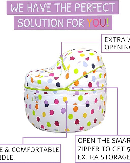 2 Sizes in 1 Stuffed Animal Storage Bean Bag Chair Cover for Kids & Adults | Washable XL Stuffie Seat | 100% Cotton | Pouf Organizer for Plush Toys, Linens, Quilts & Pillows | Polka Dots - LeafyLoom