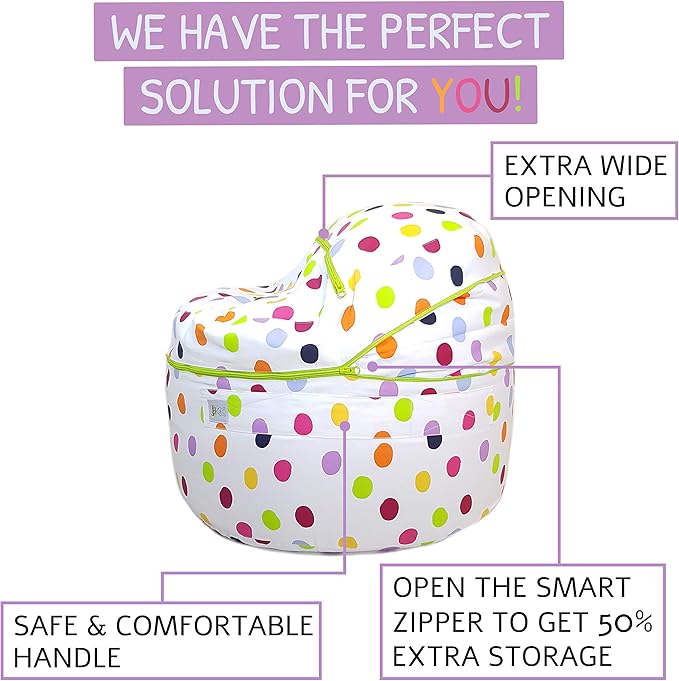 2 Sizes in 1 Stuffed Animal Storage Bean Bag Chair Cover for Kids & Adults | Washable XL Stuffie Seat | 100% Cotton | Pouf Organizer for Plush Toys, Linens, Quilts & Pillows | Polka Dots - LeafyLoom