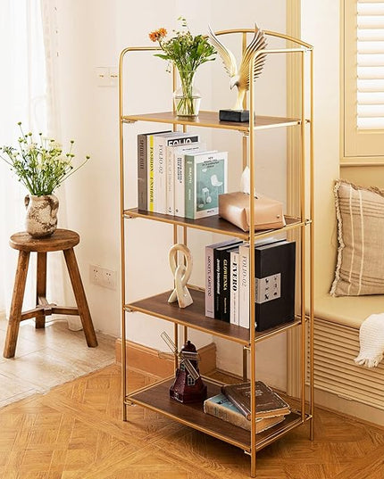 No Assembly Folding Bookshelf, 4 Tier Gold Bookshelf, Metal Book Shelf for Storage, Folding Bookcase for Office Organization and Storage, 12.6" D x 22.44" W x 55.51" H - LeafyLoom