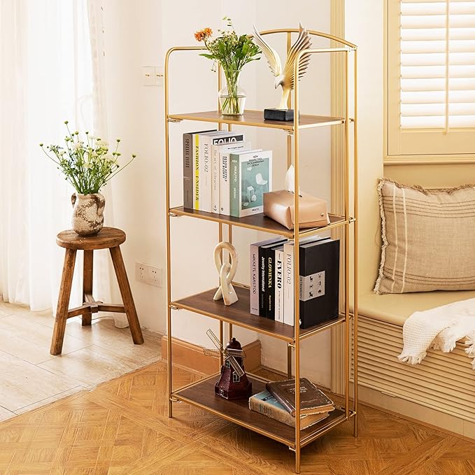 No Assembly Folding Bookshelf, 4 Tier Gold Bookshelf, Metal Book Shelf for Storage, Folding Bookcase for Office Organization and Storage, 12.6" D x 22.44" W x 55.51" H - LeafyLoom