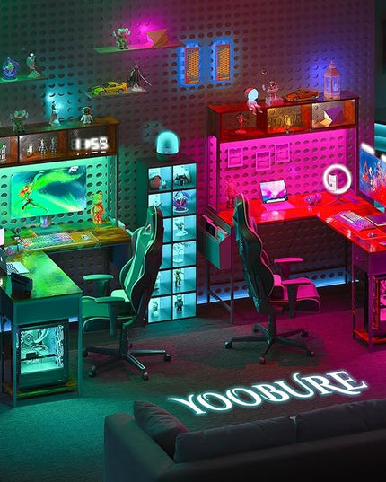 Yoobure L Shaped Desk with LED Strip & Power Outlet, Reversible L-Shaped Computer Desk, Corner Desks Home Office Desk with Drawer, Gaming Desk - LeafyLoom