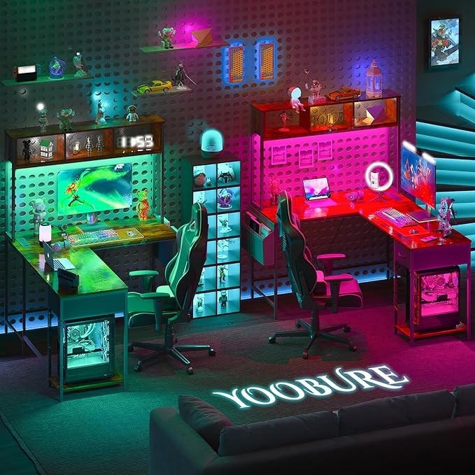 Yoobure L Shaped Desk with LED Strip & Power Outlet, Reversible L-Shaped Computer Desk, Corner Desks Home Office Desk with Drawer, Gaming Desk - LeafyLoom