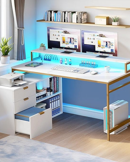 DWVO L Shaped Desk with File Cabinet & Power Outlets, 55" Computer Desk with Drawers, Corner Desk Office Desk with LED Light, White & Gold - LeafyLoom