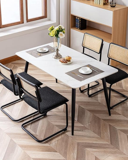 Zesthouse Rattan Dining Chairs Set of 4, Upholstered Boucle Kitchen Chairs, Mid Century Modern Breuer Designed Chairs, Armless Accent Chairs with Natural Cane Back & Stainless Chrome Base - LeafyLoom