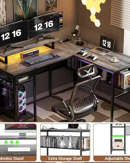 Unikito L Shaped Computer Desk with Magic Power Outlets and Smart LED Light, Reversible 55 Inch Corner Office Desk with Monitor Stand, Unique Grid Design, Gaming Table with Storage, Black Oak - LeafyLoom