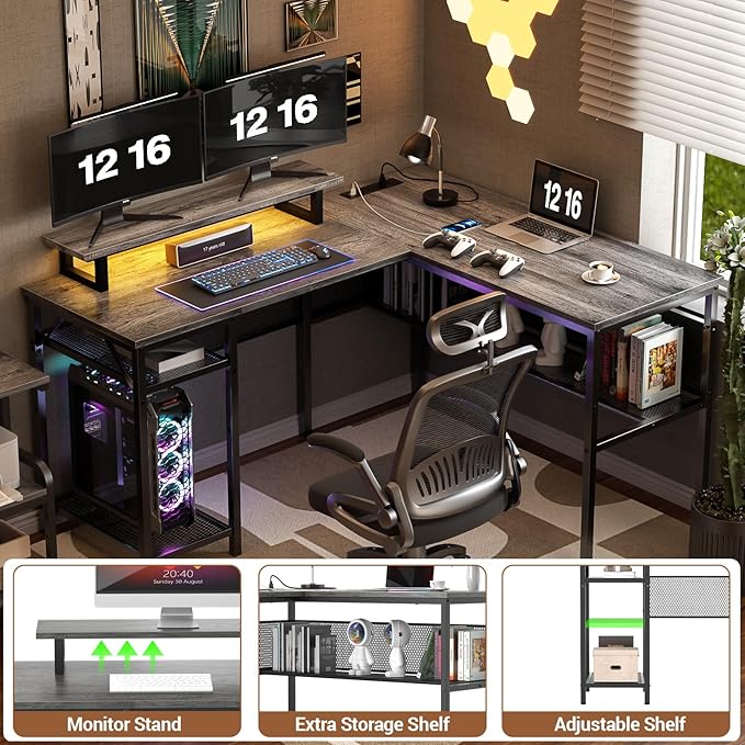 Unikito L Shaped Computer Desk with Magic Power Outlets and Smart LED Light, Reversible 55 Inch Corner Office Desk with Monitor Stand, Unique Grid Design, Gaming Table with Storage, Black Oak - LeafyLoom