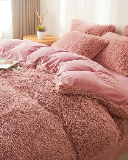 FOPPA Old Pink fluffy Comforter Cover Set king- Ultra Soft fluffy Old Pink Bedding Sets 3 Pieces (1 Duvet Cover + 2 Pillow case) Old Pink fluffy bed set (Old Pink, King) - LeafyLoom
