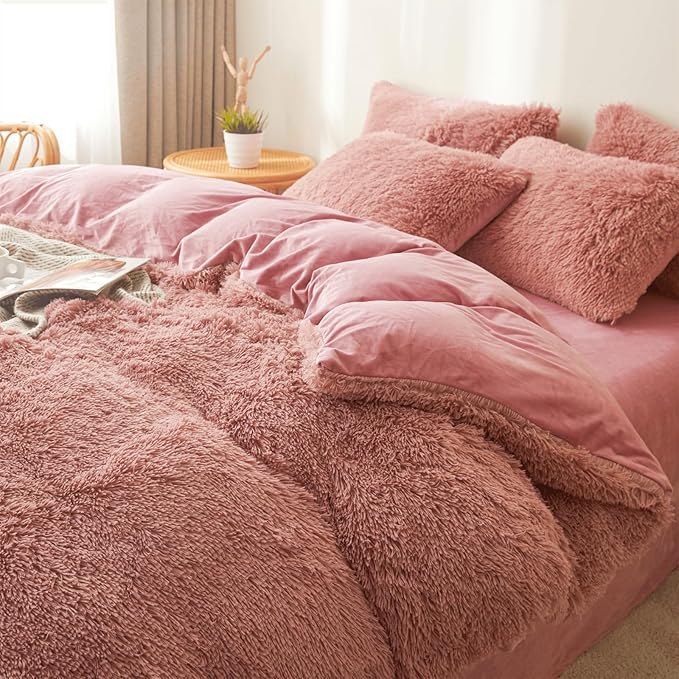 FOPPA Old Pink fluffy Comforter Cover Set king- Ultra Soft fluffy Old Pink Bedding Sets 3 Pieces (1 Duvet Cover + 2 Pillow case) Old Pink fluffy bed set (Old Pink, King) - LeafyLoom