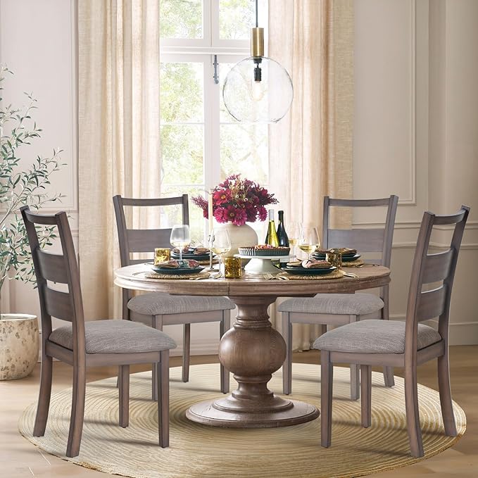 COLAMY Fabric Upholstered Dining Chairs Set of 6, Ladder High Back Dining Room Kitchen Side Chairs with Adjustable Foot Pegs, Light Brown - LeafyLoom