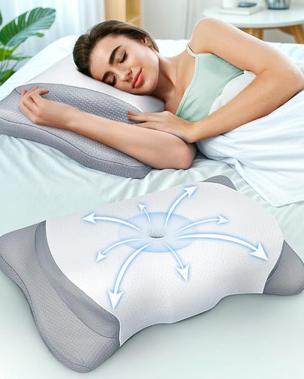 Adjustable Height Cervical Neck Pillow for Pain Relief, Hollow Contour Pillow with Cooling Breathable Pillowcase, Odorless Memory Foam Pillows, Orthopedic Bed Pillow Support Shoulder Side Back Stomach - LeafyLoom