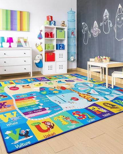 Chicrug Educational Kid Area Rug for Playroom, 4x6 Feet TPR Non Slip Kids Classroom Carpet Rug for Learning ABC Animal, Shape Color Fruit, Washable Play Mat Rug for Children Nursery Toddler Room Decor - LeafyLoom