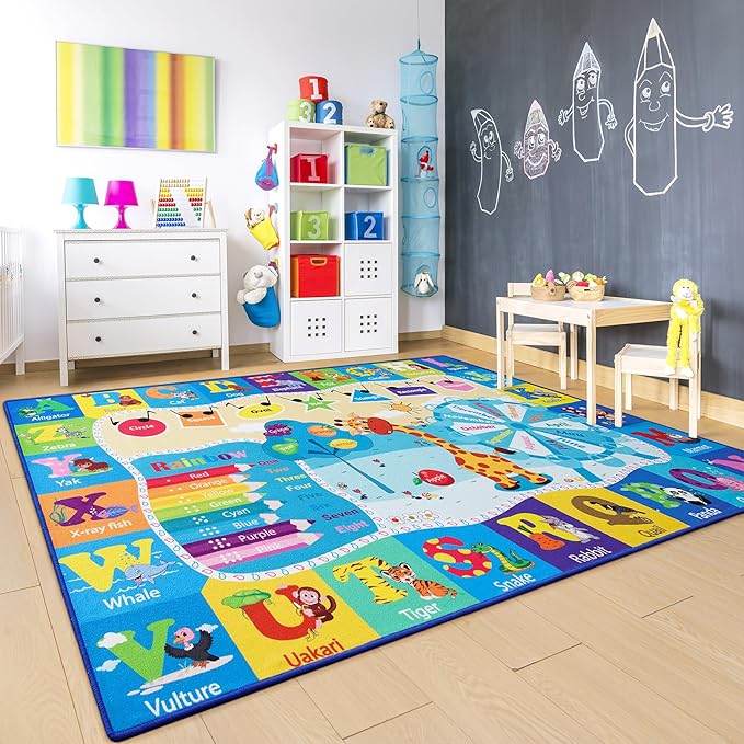 Chicrug Educational Kid Area Rug for Playroom, 4x6 Feet TPR Non Slip Kids Classroom Carpet Rug for Learning ABC Animal, Shape Color Fruit, Washable Play Mat Rug for Children Nursery Toddler Room Decor - LeafyLoom