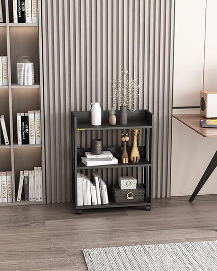 Small Bookshelf and Bookcase, 3 Tier Wood Nightstand with Wheels, Modern Bedside End Table with Storage Rack for Bedroom, Library, Living Room, Home, Office Cart, Black - LeafyLoom