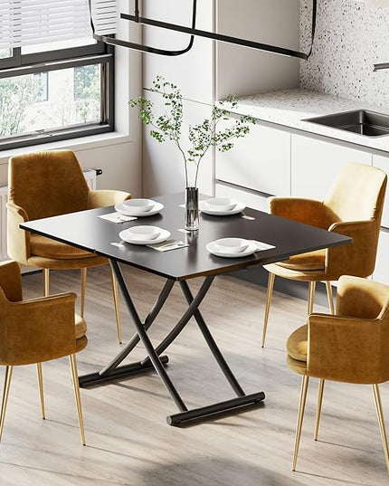 Multifunctional Lift Top Coffee Table Convertible to Folding Dining Table Space Saving Adjustable Height Rectangular Modern Coffee Table Wooden Top with Metal Legs, Black - LeafyLoom