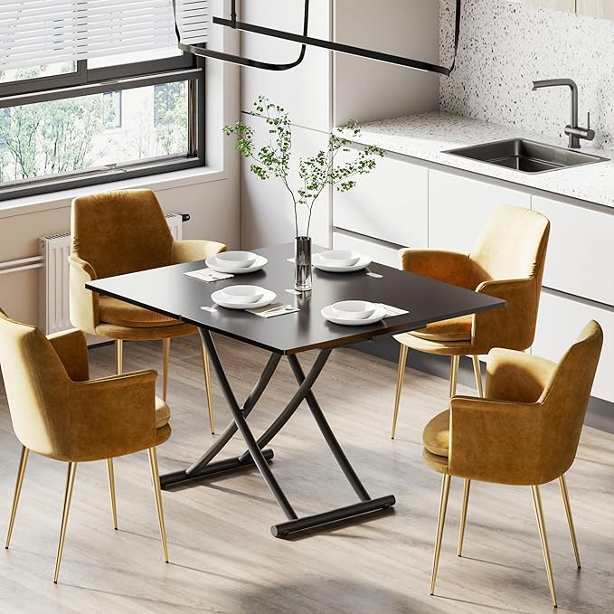 Multifunctional Lift Top Coffee Table Convertible to Folding Dining Table Space Saving Adjustable Height Rectangular Modern Coffee Table Wooden Top with Metal Legs, Black - LeafyLoom