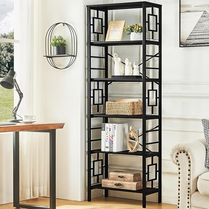 HOMISSUE Tall Bookshelf, Industrial 6-Tier Bookshelf with Unique Design, Open Bookshelves and Bookcases,Black - LeafyLoom