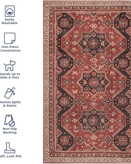 nuLOOM Kathryn Machine Washable Traditional Rustic Ultra Thin Area Rug, 8' x 10', Red - LeafyLoom