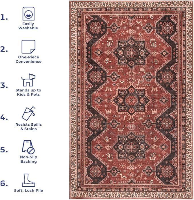 nuLOOM Kathryn Machine Washable Traditional Rustic Ultra Thin Area Rug, 8' x 10', Red - LeafyLoom