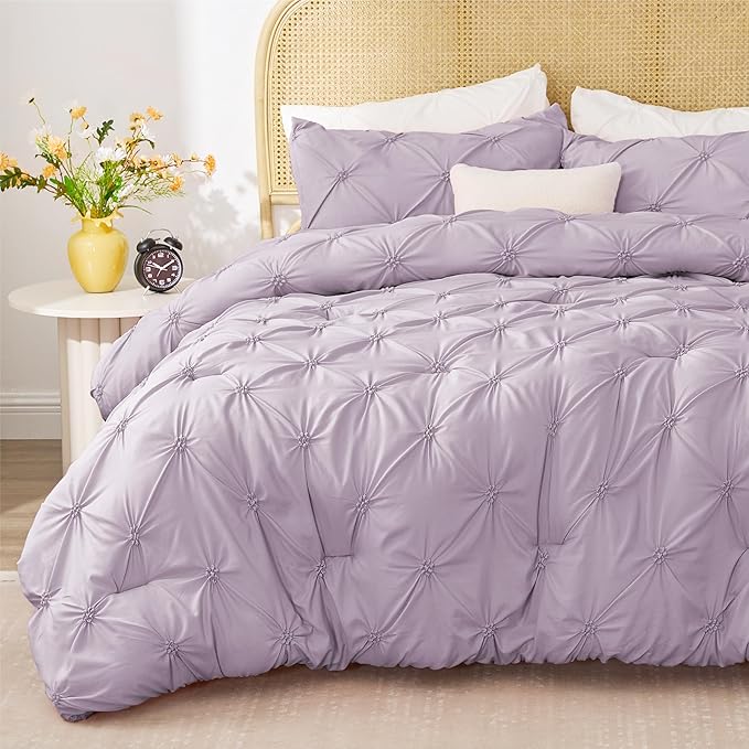 BEDELITE Light Purple Twin Comforter Set for Girls - 2 Peices Boho Pintuck Bedding Comforter Sets, Lightweight Soft & Warm Twin Bedding Sets with 1 Pillowcase for All Season - LeafyLoom