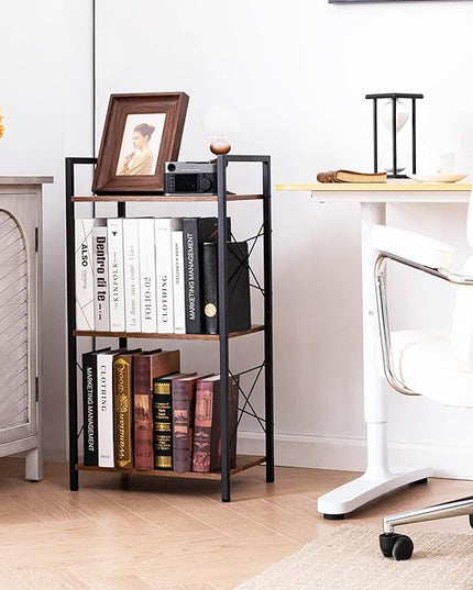 HCHQHS Small Bookshelf, Adjustable 3-Tier Industrial Bookcase, Rustic Open Book Shelf, Wood and Metal Horizontal Bookshelves - LeafyLoom