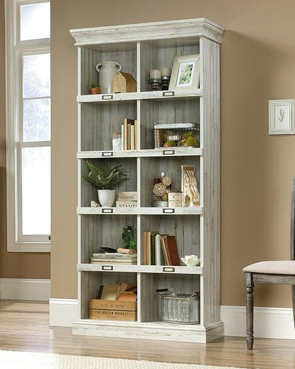 Sauder Barrister Lane Tall Bookcase/Book Shelf, L: 35.55" x W: 13.5" x H: 75.04", White Plank - LeafyLoom