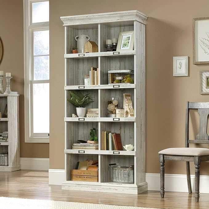 Sauder Barrister Lane Tall Bookcase/Book Shelf, L: 35.55" x W: 13.5" x H: 75.04", White Plank - LeafyLoom