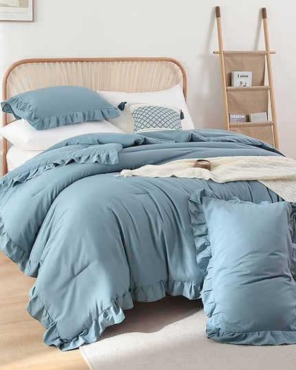 JANZAA Comforter Set Full Size Mineral Blue Ruffle Comforter 3PCS Soft Fluffy Comforter Vintage Farmhouse Bed Comforter Set Shabby Chic Bedding with 2 Pillowcases - LeafyLoom